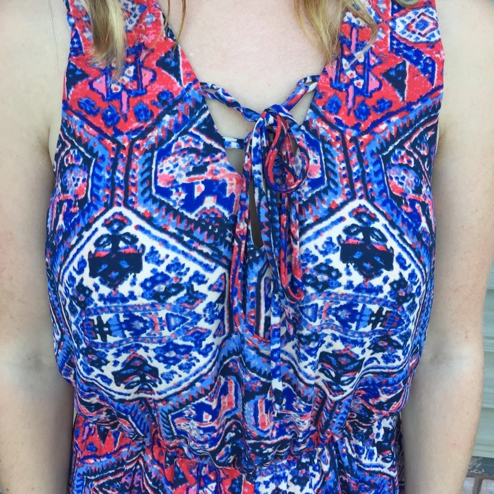 Everly Southwest Print Lace Up Front Navy Blue Romper Shorts Sz S